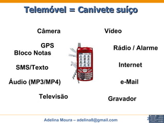 Telemóvel = Canivete suíço Câmera GPS Bloco Notas SMS/Texto Áudio (MP3/MP4) Televisão Vídeo Rádio / Alarme Internet e-Mail Gravador 