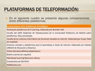 PLATAFORMAS DE TELEFORMACIÓN:En el siguiente cuadro se presenta algunas comparaciones entre diferentes plataformas.