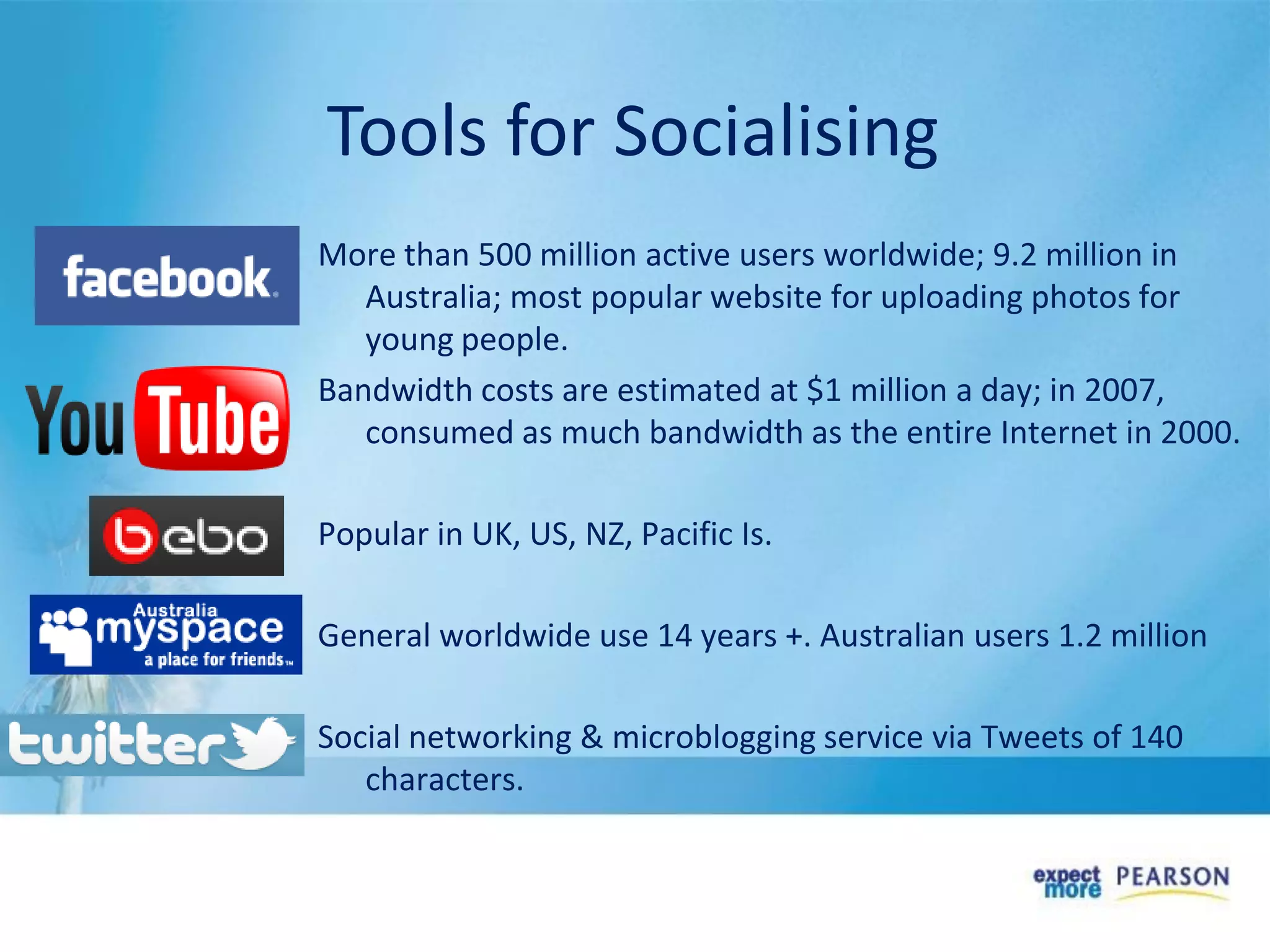 More than 500 million active users worldwide; 9.2 million in
Australia; most popular website for uploading photos for
young people.
Bandwidth costs are estimated at $1 million a day; in 2007,
consumed as much bandwidth as the entire Internet in 2000.
Popular in UK, US, NZ, Pacific Is.
General worldwide use 14 years +. Australian users 1.2 million
Social networking & microblogging service via Tweets of 140
characters.
Tools for Socialising
 