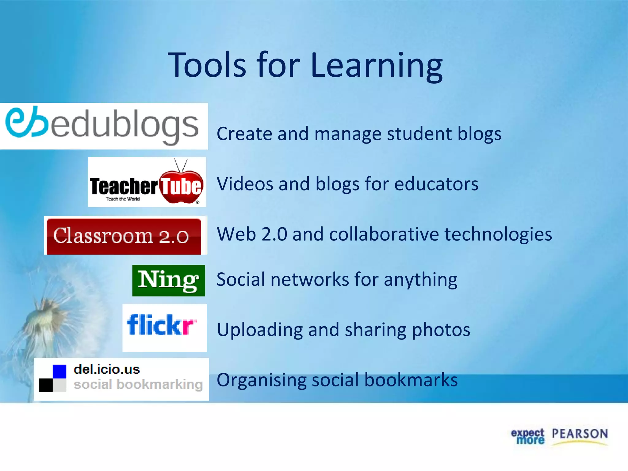 Create and manage student blogs
Videos and blogs for educators
Web 2.0 and collaborative technologies
Social networks for anything
Uploading and sharing photos
Organising social bookmarks
Tools for Learning
 
