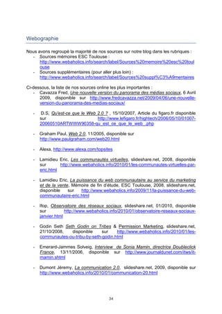 Webographie

Nous avons regroupé la majorité de nos sources sur notre blog dans les rubriques :
  - Sources mémoires ESC Toulouse :
      http://www.webaholics.info/search/label/Sources%20memoire%20esc%20toul
      ouse
  - Sources supplémentaires (pour aller plus loin) :
      http://www.webaholics.info/search/label/Sources%20suppl%C3%A9mentaires

Ci-dessous, la liste de nos sources online les plus importantes :
   - Cavazza Fred, Une nouvelle version du panorama des médias sociaux, 6 Avril
      2009, disponible sur http://www.fredcavazza.net/2009/04/06/une-nouvelle-
      version-du-panorama-des-medias-sociaux/

   -   D.S, Qu'est-ce que le Web 2.0 ? , 15/10/2007, Article du figaro.fr disponible
       sur                       http://www.lefigaro.fr/hightech/2006/05/10/01007-
       20060510ARTWWW90358-qu_est_ce_que_le_web_.php

   -   Graham Paul, Web 2.0, 11/2005, disponible sur
       http://www.paulgraham.com/web20.html

   -   Alexa, http://www.alexa.com/topsites

   -   Lamidieu Eric, Les communautés virtuelles, slideshare.net, 2008, disponible
       sur       http://www.webaholics.info/2010/01/les-communautes-virtuelles-par-
       eric.html

   -   Lamidieu Eric, La puissance du web communautaire au service du marketing
       et de la vente, Mémoire de fin d’étude, ESC Toulouse, 2008, slideshare.net,
       disponible    sur   http://www.webaholics.info/2009/11/la-puissance-du-web-
       communautaire-eric.html

   -   Ifop, Observatoire des réseaux sociaux, slideshare.net, 01/2010, disponible
       sur          http://www.webaholics.info/2010/01/observatoire-reseaux-sociaux-
       janvier.html

   -   Godin Seth Seth Godin on Tribes & Permission Marketing, slideshare.net,
       21/10/2008,   disponible     sur    http://www.webaholics.info/2010/01/les-
       communautes-ou-tribu-by-seth-godin.html

   -   Emerard-Jammes Solveig, Interview de Sonia Mamin, directrice Doubleclick
       France, 13/11/2006, disponible sur http://www.journaldunet.com/itws/it-
       mamin.shtml

   -   Dumont Jéremy, La communication 2.0, slideshare.net, 2009, disponible sur
       http://www.webaholics.info/2010/01/communication-20.html




                                         34
 