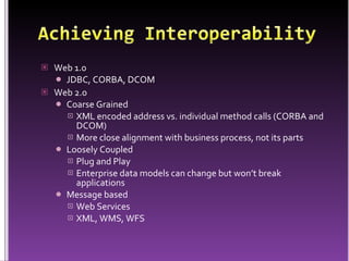 Achieving InteroperabilityWeb 1.0JDBC, CORBA, DCOMWeb 2.0Coarse GrainedXML encoded address vs. individual method calls (CORBA and DCOM)More close alignment with business process, not its partsLoosely CoupledPlug and PlayEnterprise data models can change but won’t break applicationsMessage basedWeb ServicesXML, WMS, WFS