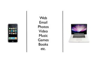 Web
 Email
Photos
Video
Music
Games
Books
  etc.
 
