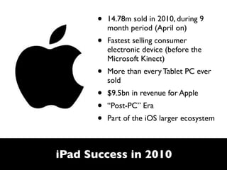 •   14.78m sold in 2010, during 9
           month period (April on)
       •   Fastest selling consumer
           electronic device (before the
           Microsoft Kinect)
       •   More than every Tablet PC ever
           sold
       •   $9.5bn in revenue for Apple
       •   “Post-PC” Era
       •   Part of the iOS larger ecosystem



iPad Success in 2010
 