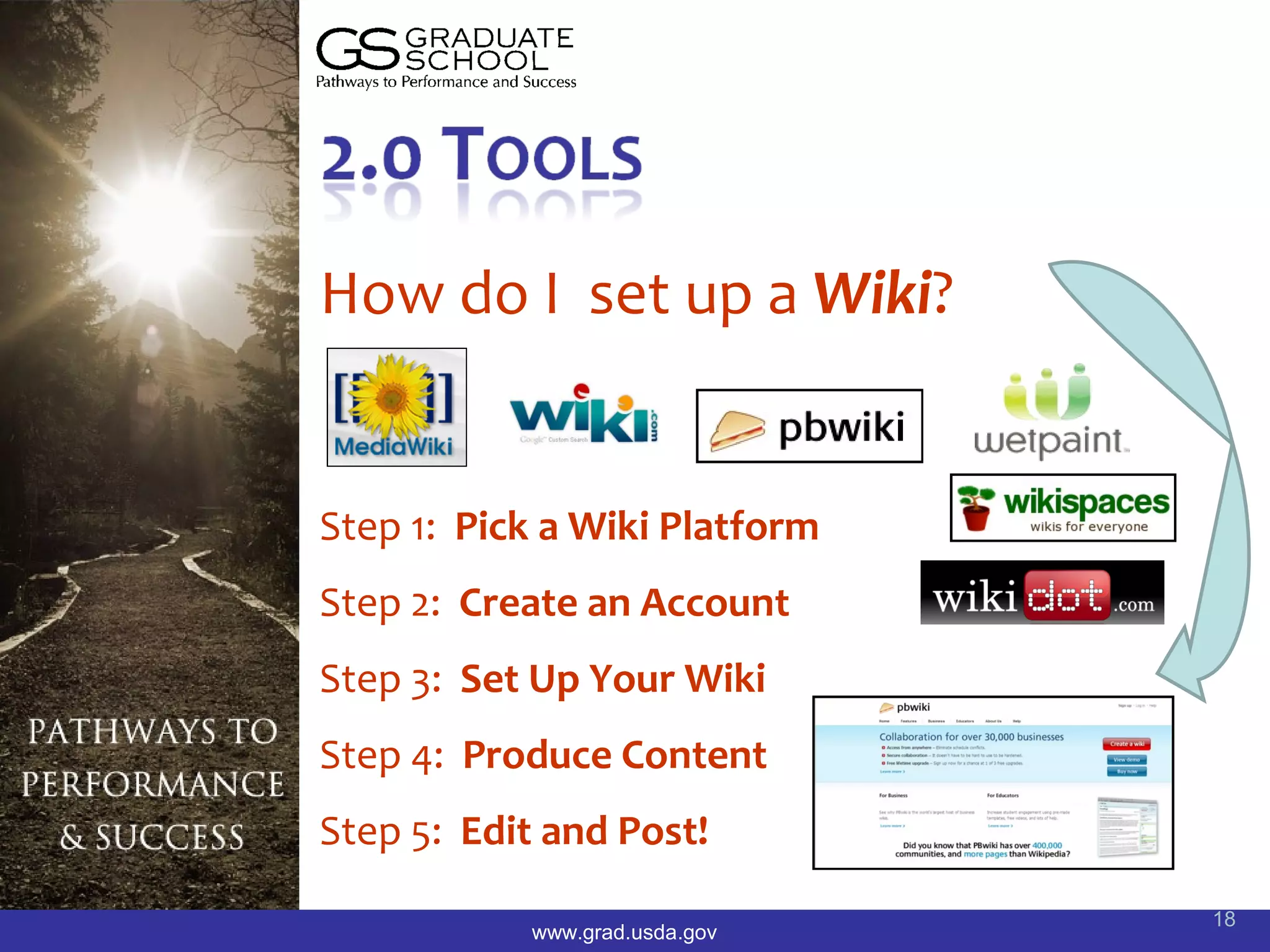 How do I set up a Wiki?


Step 1: Pick a Wiki Platform
Step 2: Create an Account
Step 3: Set Up Your Wiki
Step 4: Produce Content
Step 5: Edit and Post!
                                18
            www.grad.usda.gov
 