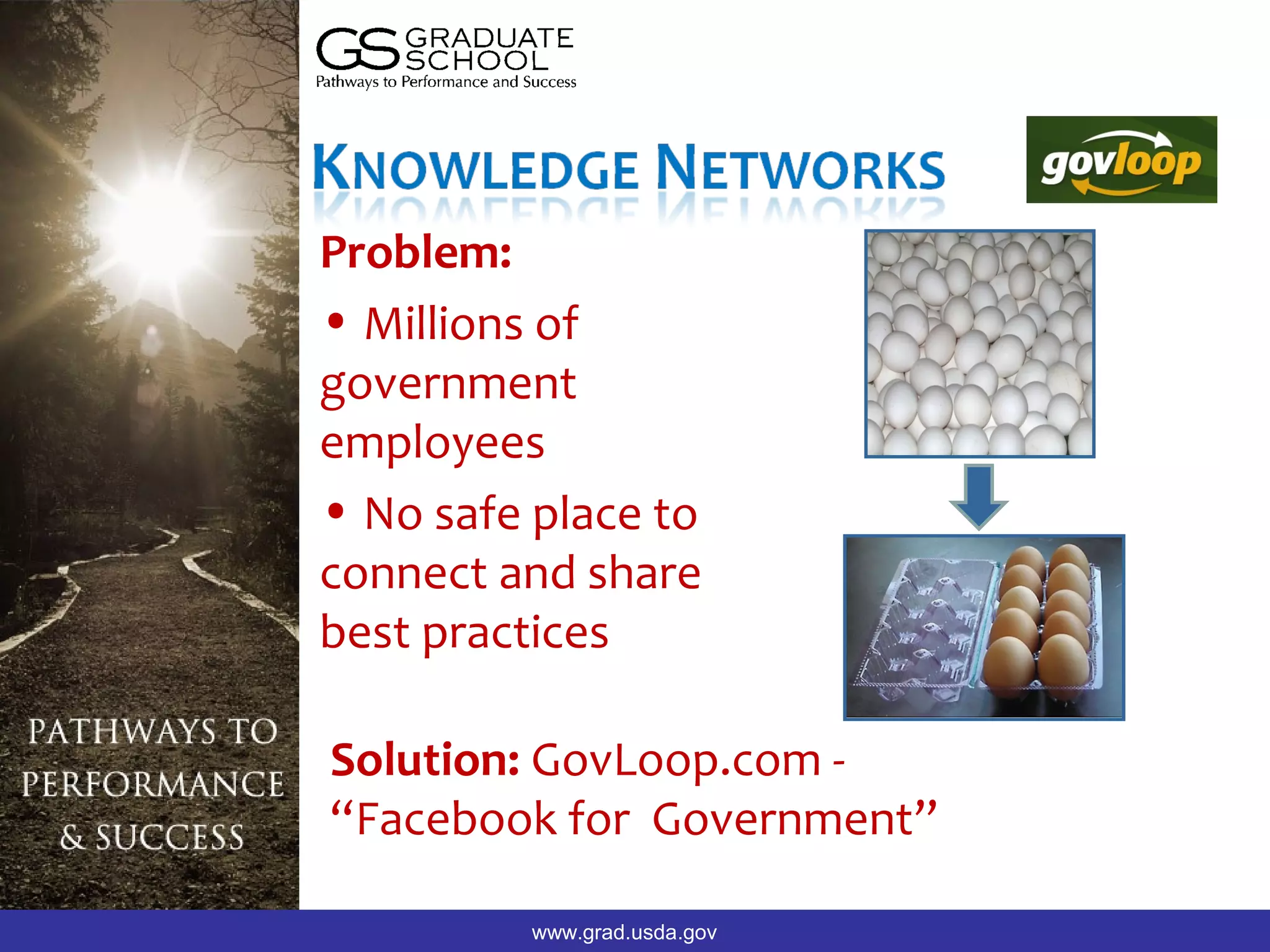 Problem:
• Millions of
government
employees
• No safe place to
connect and share
best practices

Solution: GovLoop.com -
“Facebook for Government”

         www.grad.usda.gov
 