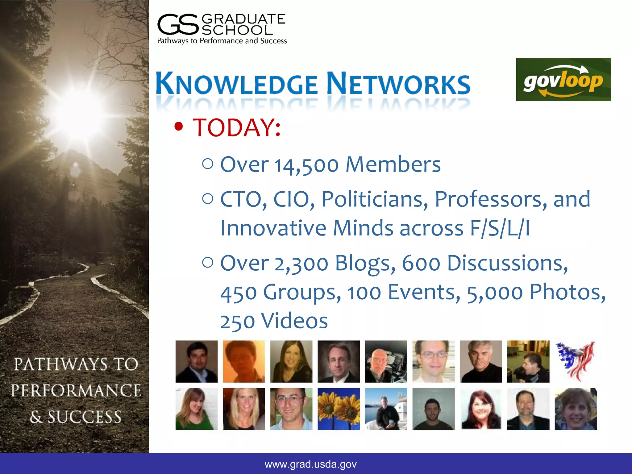 Where Are We Now?




• TODAY:
  o Over 14,500 Members
  o CTO, CIO, Politicians, Professors, and
    Innovative Minds across F/S/L/I
  o Over 2,300 Blogs, 600 Discussions,
    450 Groups, 100 Events, 5,000 Photos,
    250 Videos




        www.grad.usda.gov
 