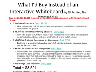 What I’d Buy Instead of an Interactive Whiteboard  by Bill Ferriter, The Tempered Radical Give me $5,000-$6,000 to spend on a middle school classroom with 25 students and I’ll buy: 5 Netbook Computers    Cost:  $1,250 Give me one netbook for every 5 kids in my classroom and I can create instant workstations for groups. 5 YEARS of VoiceThread for my Students     Cost:  $300 With little digital skill, kids of all ages can interact in Socratic style conversations on school related topics with one another both in and out of school. 5 YEARS of Brainpop Access for my Classroom    Cost:  $731 Brainpop is a service that creates short (3-5 minute) animated videos on topics across the curriculum. 5 YEARS of Access to Poll Everywhere    Cost:  $645 What makes Poll Everywhere—an online application that allows teachers to create and deliver quick surveys—unique is that students can respond to surveys via text message from their cell phones, making the need for student responders obsolete in most middle school classrooms considering the number of students carrying cell phones to school each day. A Mid-Range Data Projector     Cost:  $595 Total = $3,521 Camtasia Screencasting Software     Cost:  $179 