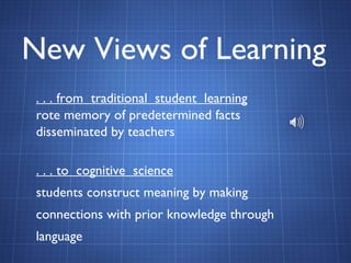New Views of Learning . . . from  traditional  student  learning   rote memory of predetermined facts disseminated by teachers . . . to  cognitive  science   students construct meaning by making connections with prior knowledge through language 