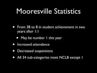 Mooresville Statistics From 38 to 8 in student achievement in two years after 1:1 May be number 1 this year Increased attendance Decreased suspensions All 34 sub-categories meet NCLB except 1 