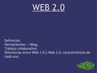 WEB 2.0


Definición.
Herramientas--->Blog.
Trabajo colaborativo.
Diferencias entre Web 1.0 y Web 2.0; características de
cada uno.
 