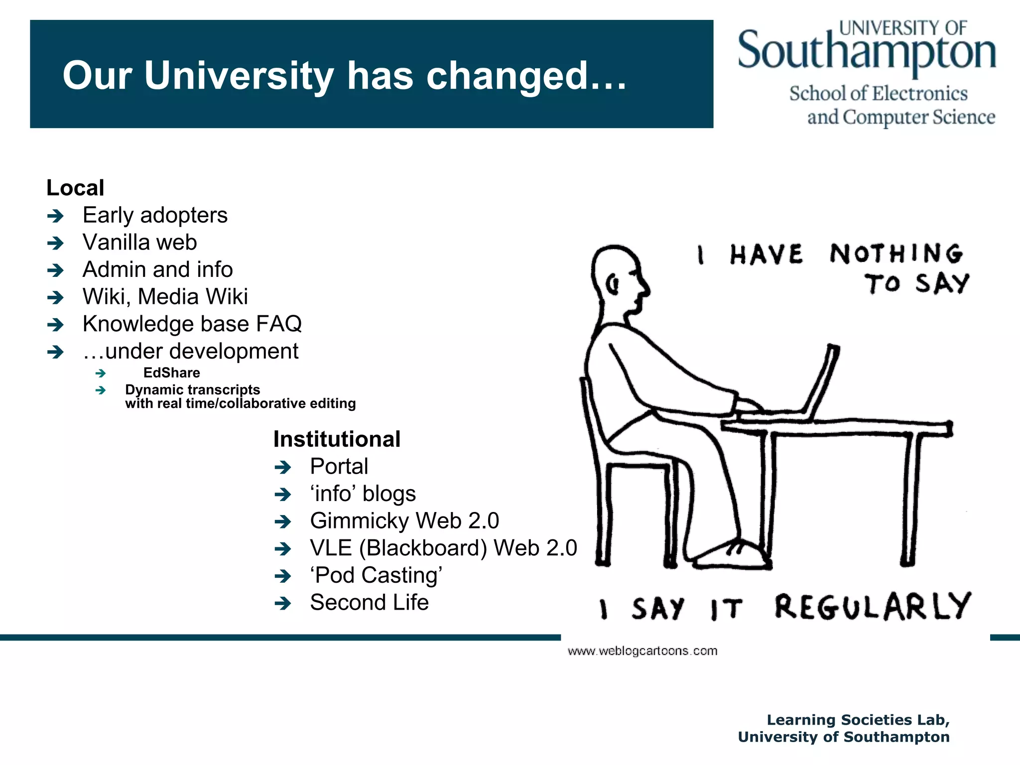 Our University has changed…LocalEarly adoptersVanilla webAdmin and infoWiki, Media WikiKnowledge base FAQ…under development	EdShareDynamic transcriptswith real time/collaborative editingInstitutionalPortal