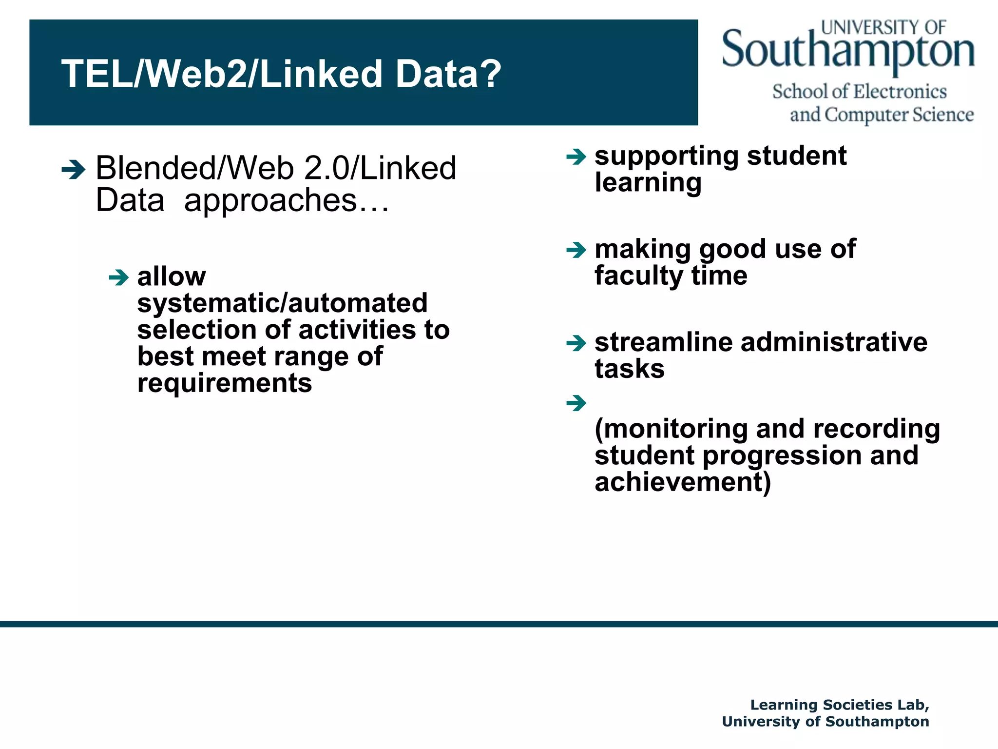 Consider disciplinary differencesSurvey(s) of students attitudestheir experience and perceptions of TELIdentify user needsCompare experience with theoryBecauseDisciplinary differences literatureAd hoc development of e-learning resourcesOpinions on Web2.0Cost of developing TEL resourcesSometimes structural barriers to changeAutumn 2009