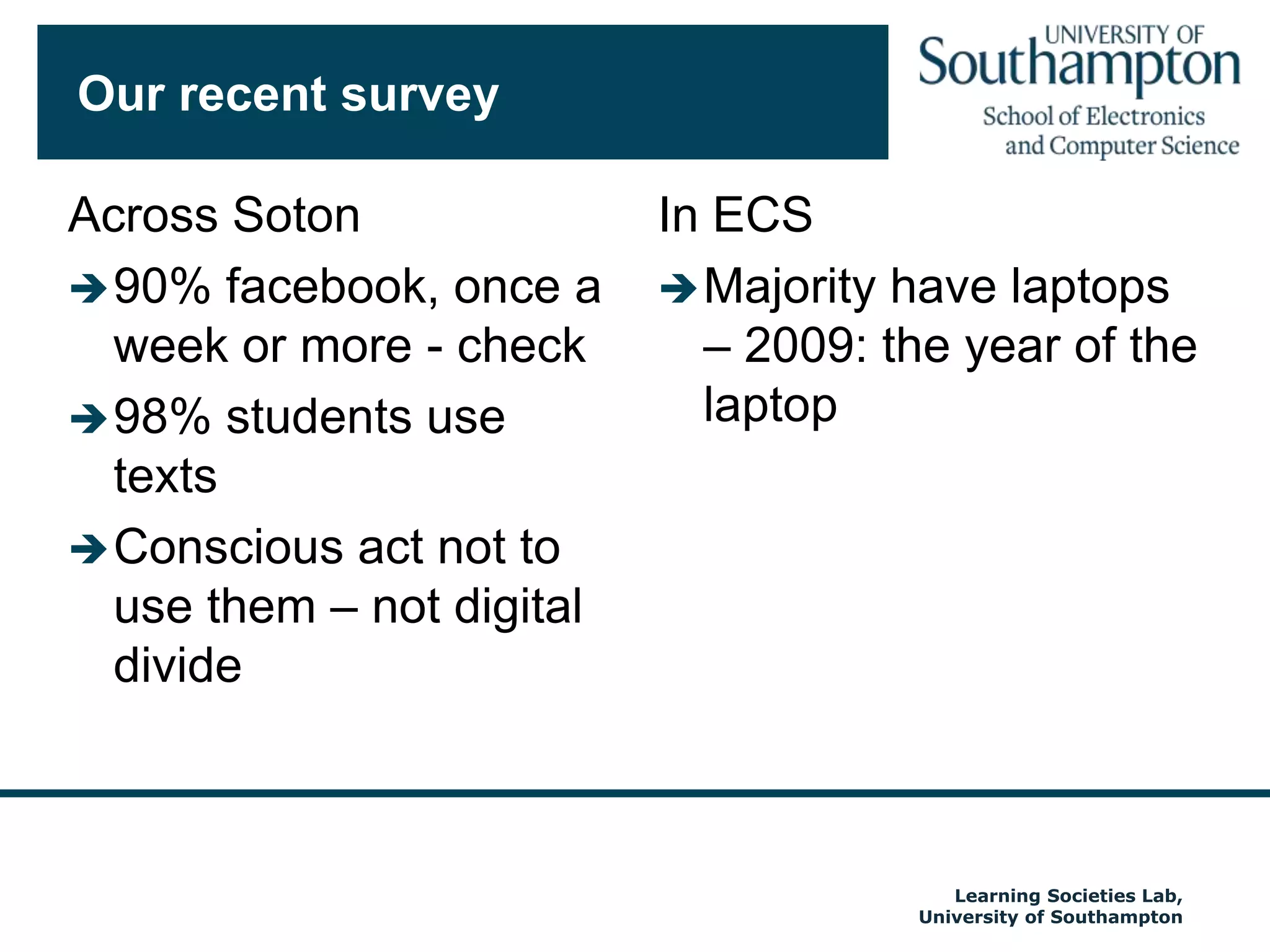 Indicative AreasPureReflecting on Biglan “a sound understanding of key aspects of teaching and learning must depend on the recognition of the distinctive features of different knowledge domains and their social mileiux” (Neumann, Parry and Beecher 2002)C. Scienceand MathsS Sciences andHumanitiesBeware of generalising about 2.0 learningThink about your educational objectivesHarness the technology affordancesHardSoftComputingand EngineeringNursing orEducationAppliedCurriculum/content -> curriculum purpose -> assessmentBiglan, 1973Autumn 2009