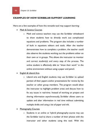 96 Chapter 10: Scribblar
EXAMPLES OF HOW SCRIBBLAR SUPPORT LEARNING
Here are a few examples of how this versatile tool may support learning:
 Math & Science Courses
o Math and science teachers may use the Scribblar whiteboard
to show students how to directly work out complicated
equations and problems. The program also includes a number
of built in equations editors and tools. After the teacher
demonstrates how to complete a problem, the teacher could
also observe the students working out the problems either on
their own or in groups. This allows the instructor to monitor
and correct student(s) and every step of the process. The
online student is effectively able to “show their work” in the
online environment without using a paper and pencil.
 English & Liberal Arts
o Liberal arts and English students may use Scribblar to upload
portion of their papers and/or presentations for review by the
teacher or other group members. The program would allow
the instructor to highlight problem areas and discuss how to
fix any issues in real-time. Instead of working on project and
sharing information asynchronously, Scribblar allows users to
update and alter information in real time without submitting
multiple drafts and using a lot of paper and ink.
 Photography Courses
o Students in an online or hybrid photography course may use
the Scribblar tool to share a number of their photos with the
instructor and other students using this tool. With this
 
