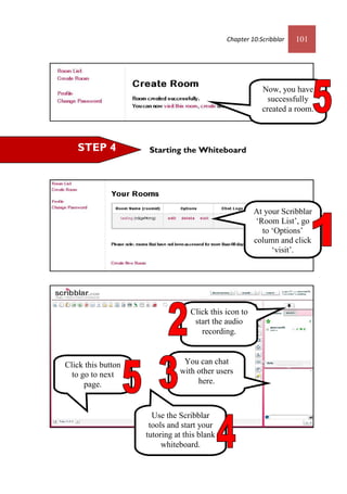 Chapter 10:Scribblar 101
Starting the WhiteboardSTEP 4
Now, you have
successfully
created a room.
At your Scribblar
‘Room List’, go
to ‘Options’
column and click
‘visit’.
You can chat
with other users
here.
Use the Scribblar
tools and start your
tutoring at this blank
whiteboard.
Click this icon to
start the audio
recording.
Click this button
to go to next
page.
 