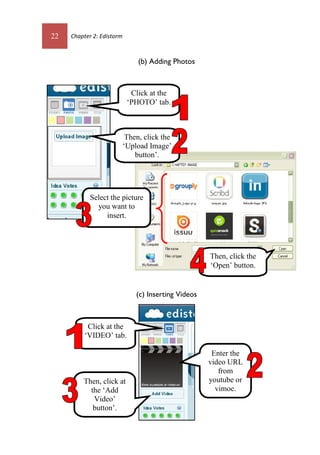 22 Chapter 2: Edistorm
(b) Adding Photos
(c) Inserting Videos
Enter the
video URL
from
youtube or
vimoe.
Click at the
‘VIDEO’ tab.
Select the picture
you want to
insert.
Click at the
‘PHOTO’ tab.
Then, click the
‘Open’ button.
Then, click the
‘Upload Image’
button’.
Then, click at
the ‘Add
Video’
button’.
 