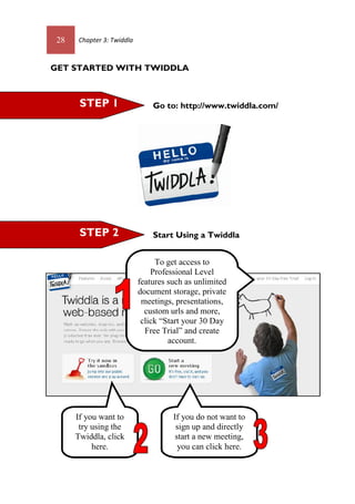28 Chapter 3: Twiddla
GET STARTED WITH TWIDDLA
Go to: http://www.twiddla.com/
Start Using a TwiddlaSTEP 2
To get access to
Professional Level
features such as unlimited
document storage, private
meetings, presentations,
custom urls and more,
click “Start your 30 Day
Free Trial” and create
account.
STEP 1
If you do not want to
sign up and directly
start a new meeting,
you can click here.
If you want to
try using the
Twiddla, click
here.
 