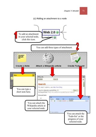 Chapter 7: Mind42 71
(c) Adding an attachment to a node
You can type a
short note here.
You can attach the
Wikipedia article at
your selected node.
You can attach the
‘Todo-list’ or the
progress of your
selected node.
To add an attachment
in your selected node,
click this icon.
You can add three types of attachment.
 