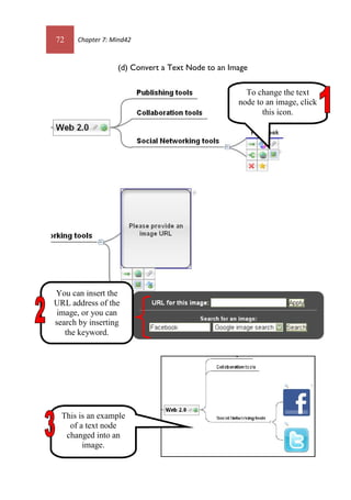 72 Chapter 7: Mind42
(d) Convert a Text Node to an Image
You can insert the
URL address of the
image, or you can
search by inserting
the keyword.
To change the text
node to an image, click
this icon.
This is an example
of a text node
changed into an
image.
 