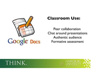 Classroom Use: Peer collaboration  Chat around presentations Authentic audience Formative assessment 