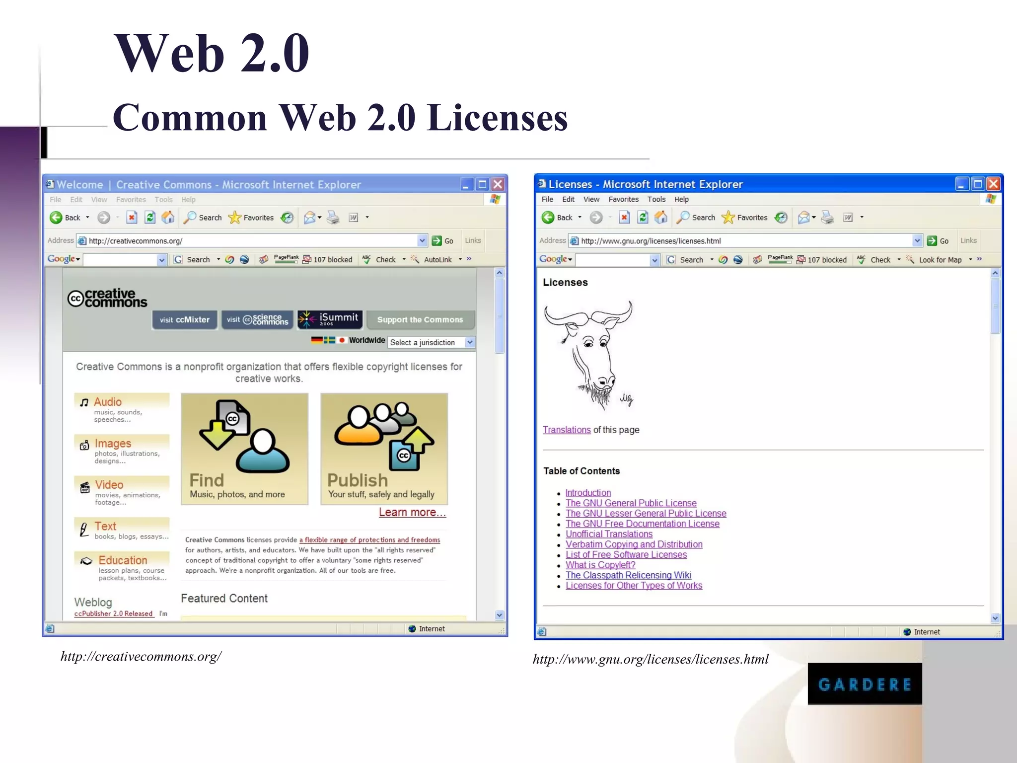 Web 2.0
        Common Web 2.0 Licenses




http://creativecommons.org/   http://www.gnu.org/licenses/licenses.html
 