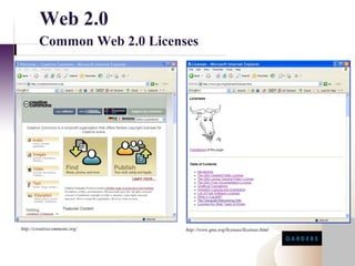 Web 2.0
        Common Web 2.0 Licenses




http://creativecommons.org/   http://www.gnu.org/licenses/licenses.html
 