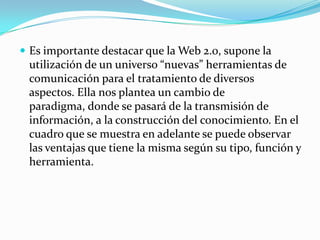  Es importante destacar que la Web 2.0, supone la
 utilización de un universo “nuevas” herramientas de
 comunicación para el tratamiento de diversos
 aspectos. Ella nos plantea un cambio de
 paradigma, donde se pasará de la transmisión de
 información, a la construcción del conocimiento. En el
 cuadro que se muestra en adelante se puede observar
 las ventajas que tiene la misma según su tipo, función y
 herramienta.
 