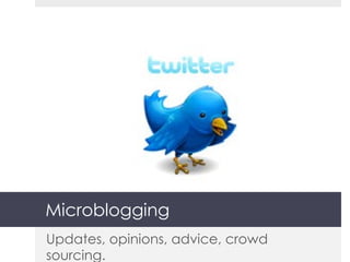 Microblogging Updates, opinions, advice, crowd sourcing. 