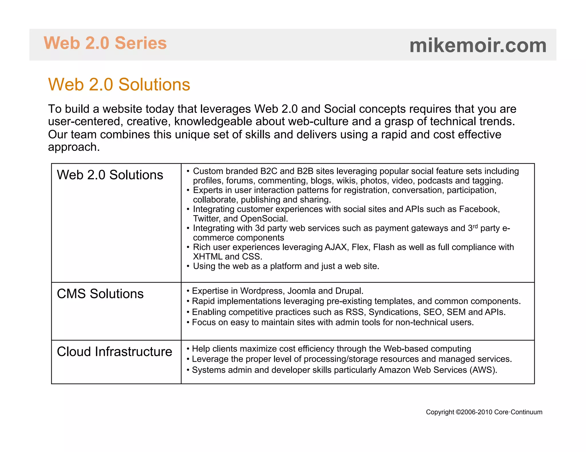 Web 2.0 Series                                                                     mikemoir.com
Web 2.0 Solutions
To build a website today that leverages Web 2.0 and Social concepts requires that you are
user-centered, creative, knowledgeable about web-culture and a grasp of technical trends.
Our team combines this unique set of skills and delivers using a rapid and cost effective
approach.
                          •  Custom branded B2C and B2B sites leveraging popular social feature sets including
 Web 2.0 Solutions           profiles, forums, commenting, blogs, wikis, photos, video, podcasts and tagging.
                          •  Experts in user interaction patterns for registration, conversation, participation,
                             collaborate, publishing and sharing.
                          •  Integrating customer experiences with social sites and APIs such as Facebook,
                             Twitter, and OpenSocial.
                          •  Integrating with 3d party web services such as payment gateways and 3rd party e-
                             commerce components
                          •  Rich user experiences leveraging AJAX, Flex, Flash as well as full compliance with
                             XHTML and CSS.
                          •  Using the web as a platform and just a web site.

                          •  Expertise in Wordpress, Joomla and Drupal.
 CMS Solutions            •  Rapid implementations leveraging pre-existing templates, and common components.
                          •  Enabling competitive practices such as RSS, Syndications, SEO, SEM and APIs.
                          •  Focus on easy to maintain sites with admin tools for non-technical users.


 Cloud Infrastructure     •  Help clients maximize cost efficiency through the Web-based computing
                          •  Leverage the proper level of processing/storage resources and managed services.
                          •  Systems admin and developer skills particularly Amazon Web Services (AWS).



                                                                                       Copyright ©2006-2010 Core·Continuum
 