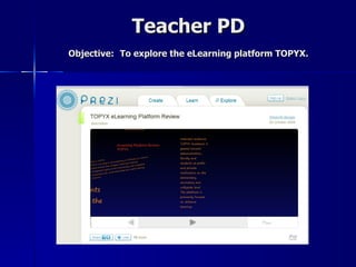 Teacher PD
Objective: To explore the eLearning platform TOPYX.
 