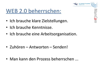 WEB 2.0 beherrschen: Ich brauche klare Zielstellungen. Ich brauche Kenntnisse. Ich brauche eine Arbeitsorganisation. Zuhören – Antworten – Senden! Man kann den Prozess beherrschen ... 