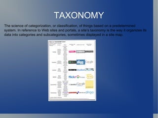 TAXONOMY The science of categorization, or classification, of things based on a predetermined system. In reference to Web sites and portals, a site’s taxonomy is the way it organizes its data into categories and subcategories, sometimes displayed in a site map. 