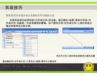 实战技巧 熟练使用对齐或分布以及叠放次序功能的方法 在图形绘制中经常用到“对齐或分布”的功能。每次都在“绘图”菜单中寻找“对齐或分布”功能是一件非常麻烦的事情。如下图所示将“对齐或分布”工具栏单独分离出来使用会比较方便。 拖动鼠标将“对齐或分布”工具栏从“绘图”菜单中分离出来 将对齐分布工具栏移动到使用方便的位置 