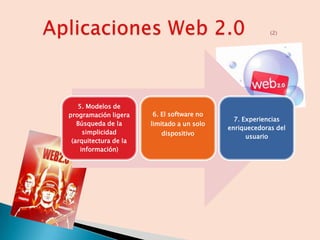5. Modelos de
programación ligera    6. El software no
                                              7. Experiencias
   Búsqueda de la      limitado a un solo
                                            enriquecedoras del
     simplicidad          dispositivo             usuario
 (arquitectura de la
    información)
 
