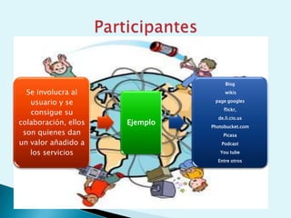 Blog

  Se involucra al                    wikis

   usuario y se                  page googles
                                     flickr,
   consigue su
                                  de.li.cio.us
colaboración, ellos   Ejemplo   Photobucket.com
 son quienes dan                    Picasa
un valor añadido a                  Podcast

   los servicios                   You tube
                                  Entre otros
 