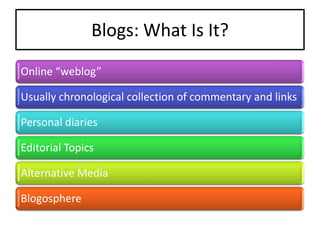 Blogs: What Are The Downsides?

Bias And Inaccuracy

Fast And Easy Perpetuation Of Inaccuracy

Conflict With Host Or Insti...