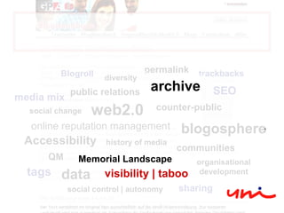 tags sharing media mix Accessibility communities blogosphere counter-public permalink SEO trackbacks Blogroll web2.0 QM history of media online reputation management public relations social change organisational development social control | autonomy data diversity archive Memorial Landscape visibility | taboo 