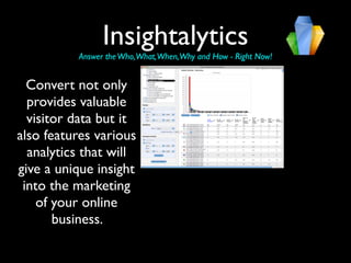 Insightalytics
          Answer the Who,What,When,Why and How - Right Now!


  Convert not only
  provides valuable
  visitor data but it
also features various
  analytics that will
give a unique insight
 into the marketing
    of your online
       business.
 