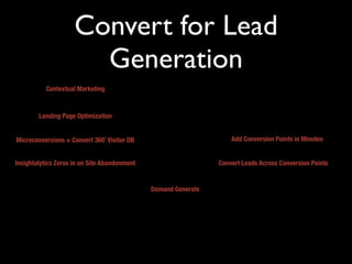 Convert for Lead
                       Generation
           Contextual Marketing


        Landing Page Optimization


Microconversions + Convert 360˚ Visitor DB                          Add Conversion Points in Minutes


Insightalytics Zeros in on Site Abandonment                     Convert Leads Across Conversion Points


                                              Demand Generate
 