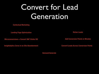 Convert for Lead
                       Generation
           Contextual Marketing


        Landing Page Optimization                                             Richer Leads


Microconversions + Convert 360˚ Visitor DB                          Add Conversion Points in Minutes


Insightalytics Zeros in on Site Abandonment                     Convert Leads Across Conversion Points


                                              Demand Generate
 