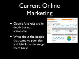 Current Online
        Marketing
• Google Analytics are in
  depth but not
  actionable.
• What about the people
  that came to your site
  and left? How do we get
  them back?
 
