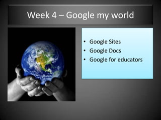 Week 4 – Google my worldGoogle SitesGoogle DocsGoogle for educators
