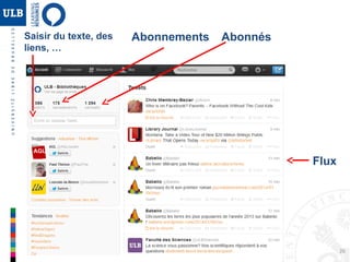 26
Twitter : Le tweet
Texte lien hashtag
140 caractères
Web 2.0 : Principaux outils
 