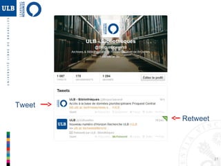 27
Twitter - Le Retweet
• Reprendre le tweet de quelqu’un d’autre pour le partager avec ses
propres abonnés
• Le retweet ajoute RT @tweeteur au début du tweet
• Elargir sa présence partageant des contenus
Web 2.0 : Principaux outils
 
