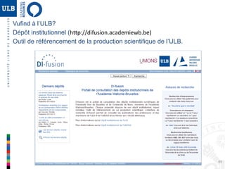 49
« Le terme "bibliothèque 2.0" provient de la notion de "web
2.0" : le développement des différents services en ligne et
la prise en compte accrue des informations provenant des
usagers. »
(http://biblio.wikia.com/wiki/Biblioth%C3%A8que_2.0)
Bibliothèque Utilisateurs
La bibliothèque 2.0
 