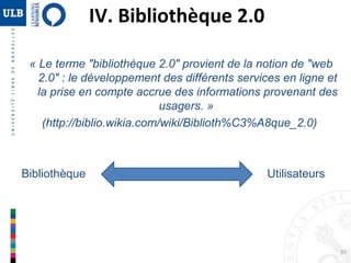 50
- Amélioration des services existants
• Réflexion sur les services - Analyse des besoins
– Création de nouveaux services
• Outils du Web 2.0 – personnalisation - Répondre aux besoins
– S’ouvrir aux utilisateurs
• Aller vers … et construire avec …
– Marketing / promotion
• Conquérir un nouveau public - Ne pas perdre le public actuel
– Formation
• Recherche documentaire - Library Learning Center
La bibliothèque 2.0
 