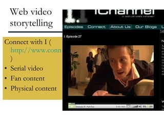 Web video storytelling Connect with I ( http://www.connectwithi.com/ )  Serial video Fan content Physical content 