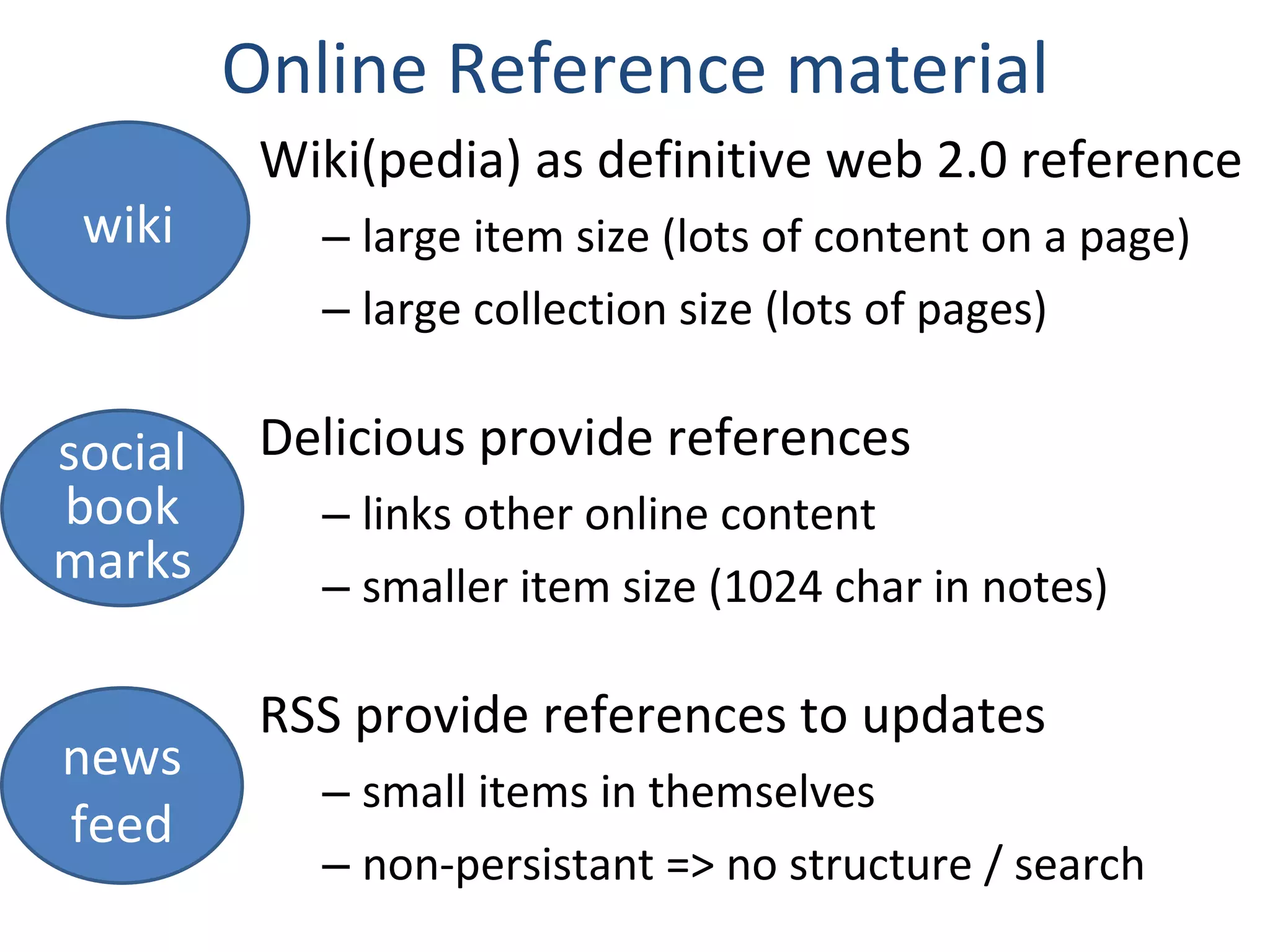 Online Reference material Wiki(pedia) as definitive web 2.0 reference large item size (lots of content on a page) large collection size (lots of pages) Delicious provide references  links other online content smaller item size (1024 char in notes) RSS provide references to updates small items in themselves non-persistant => no structure / search wiki social book marks news feed 