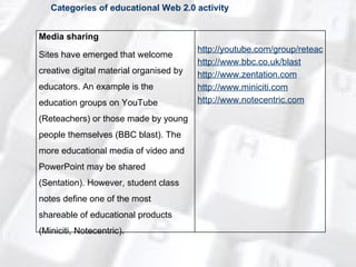 Categories of educational Web 2.0 activity Media sharing Sites have emerged that welcome creative digital material organised by educators. An example is the education groups on YouTube (Reteachers) or those made by young people themselves (BBC blast). The more educational media of video and PowerPoint may be shared (Sentation). However, student class notes define one of the most shareable of educational products (Miniciti, Notecentric). http://youtube.com/group/reteachers http://www.bbc.co.uk/blast http://www.zentation.com http://www.miniciti.com http://www.notecentric.com 